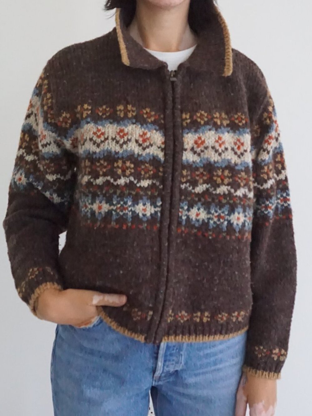 Vintage St Johns Bay Brown Fair Isle Nordic Geometric Pattern Wool Cardigan L